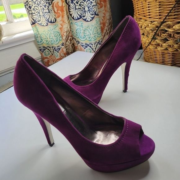 STEVE MADDEN Purple Silver Suade Peep Toe Heels - Picture 6 of 16
